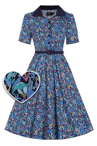 Front view of Dinosaur Shirt Dress in Navy Blue