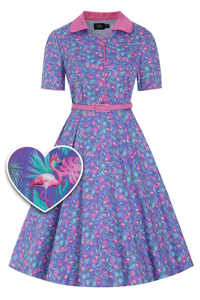 Front view of Purple Flamingo Shirt Dress with cutout