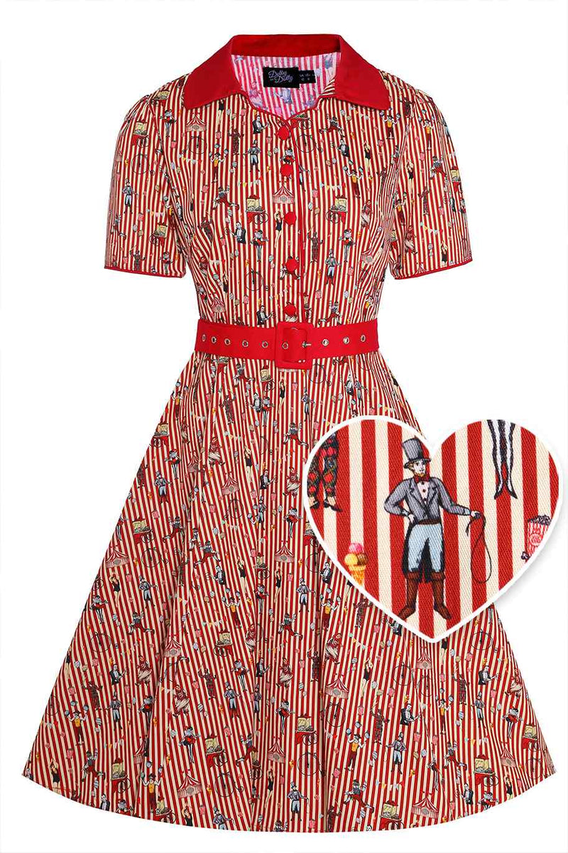 Front view of Red Vintage Circus Striped Shirt Dress