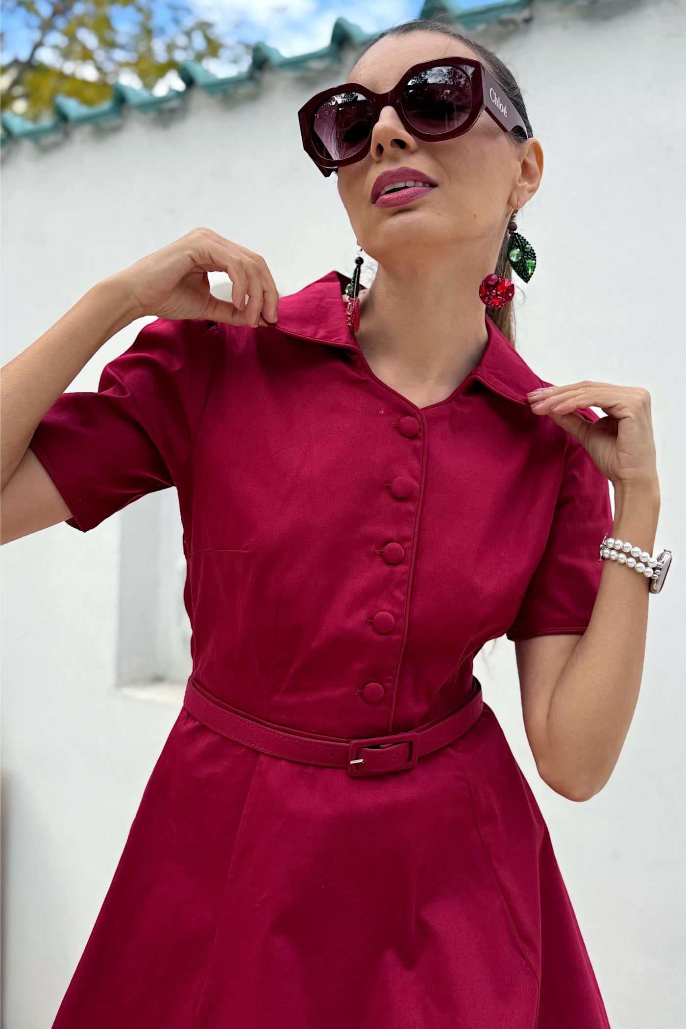A lovely lady wearing a Penelope Retro Red Shirt Dress