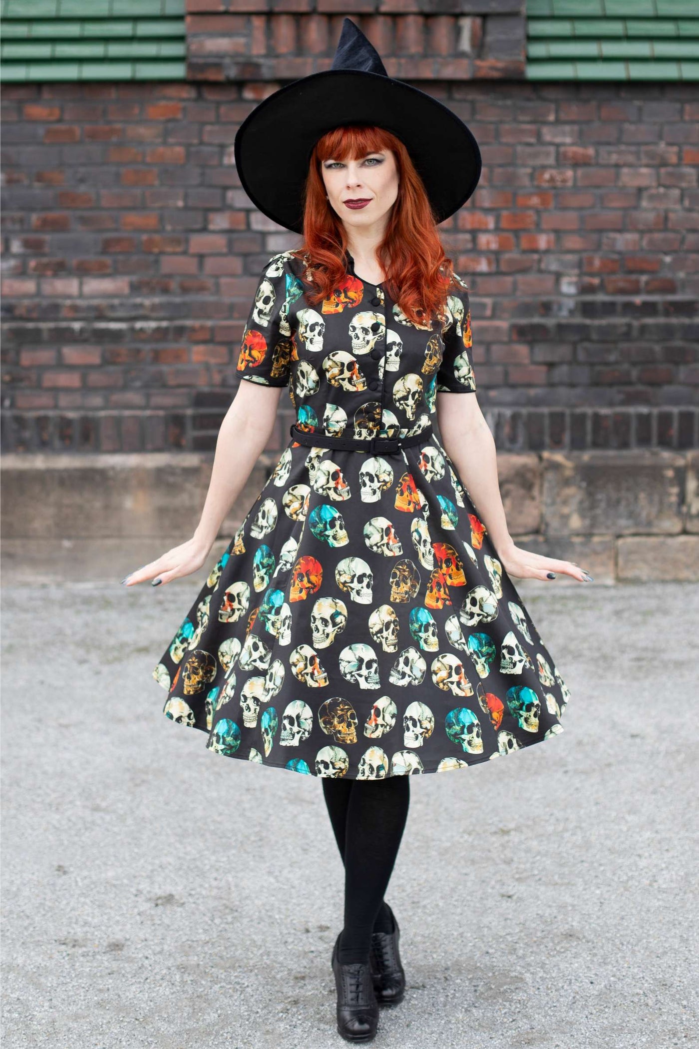 Penelope Rockabilly Black Skull Shirt Dress