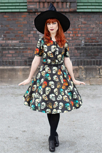 Penelope Rockabilly Black Skull Shirt Dress