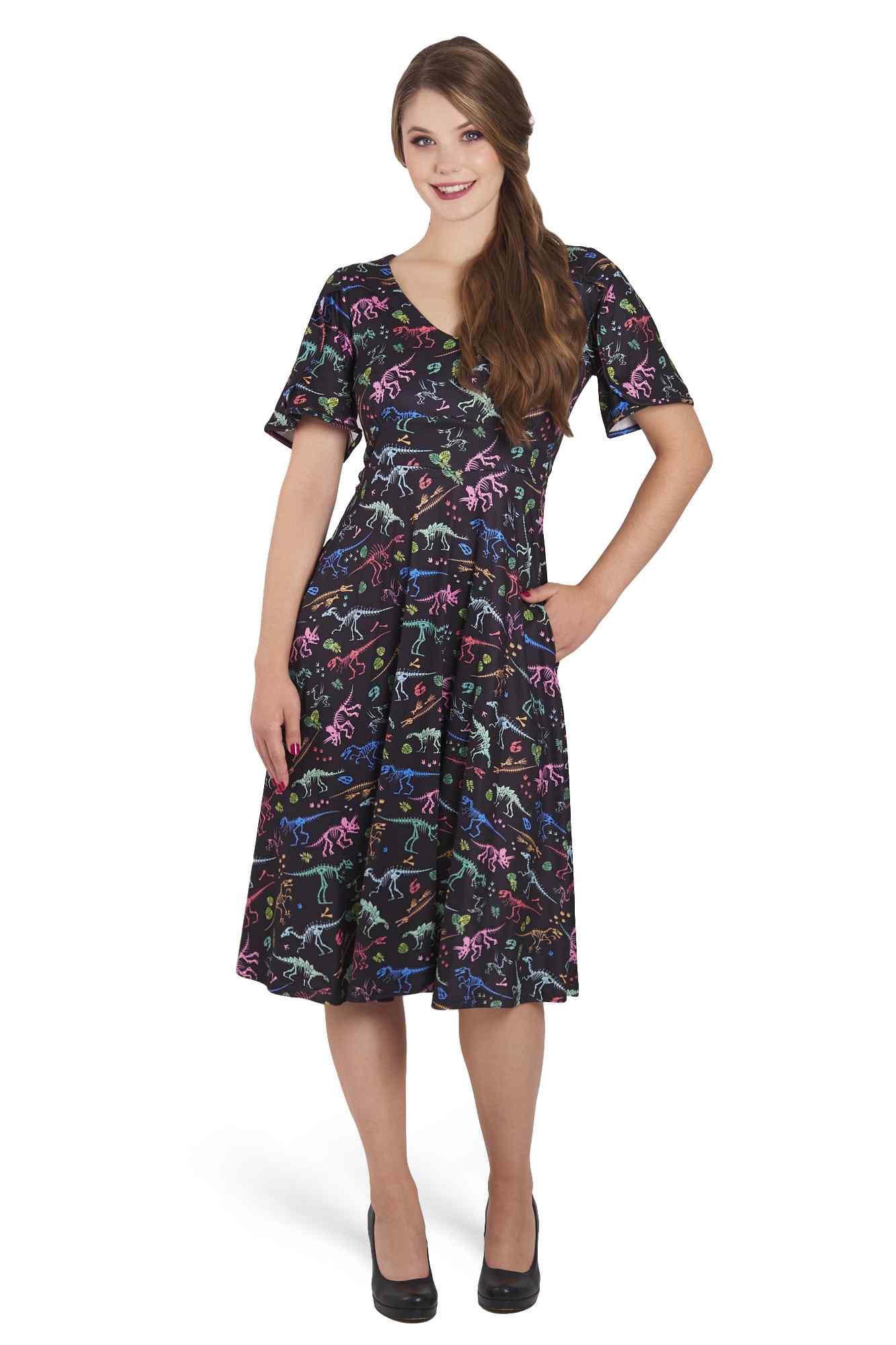 Model photo of Black Sleeved Flared Tea Dress In Fossil Print