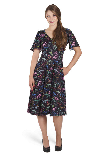 Model photo of Black Sleeved Flared Tea Dress In Fossil Print