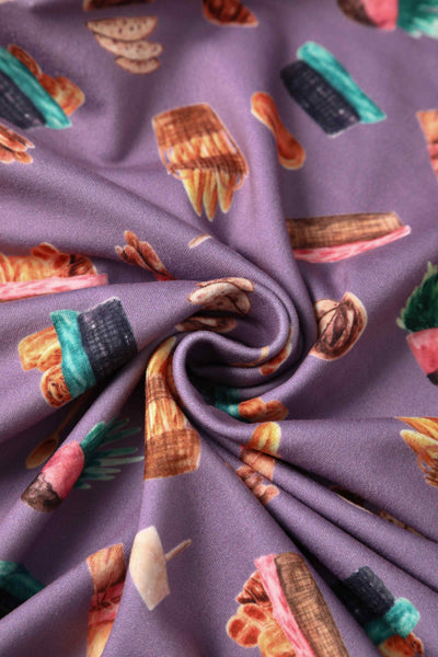 Close up view of Petal Sleeved Tea Dress with Pastry Print in Purple