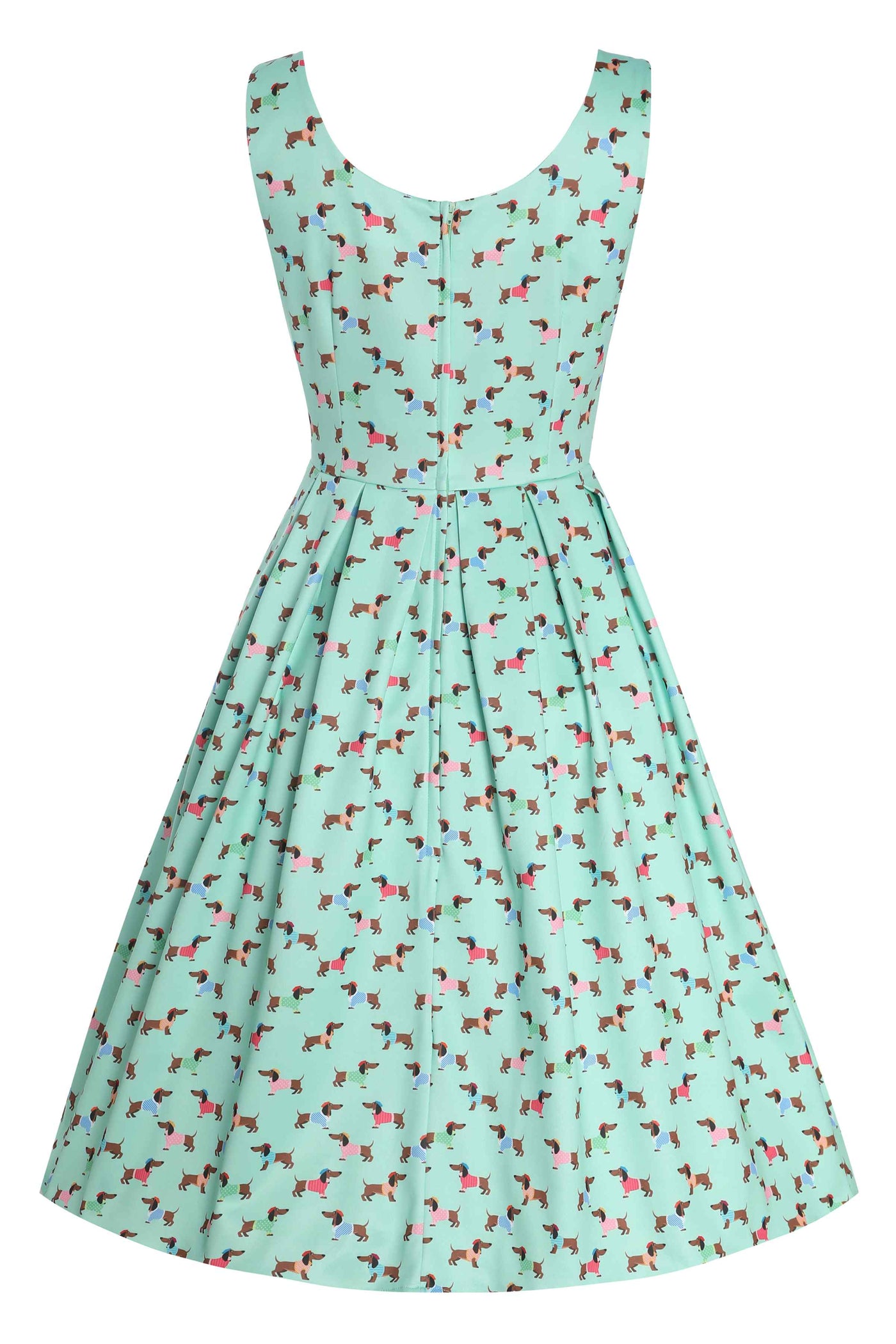 Back View of Picasso Sausage Dog Flared Dress in Mint