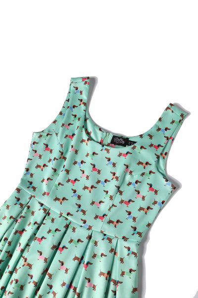 Close up View of Picasso Sausage Dog Flared Dress in Mint
