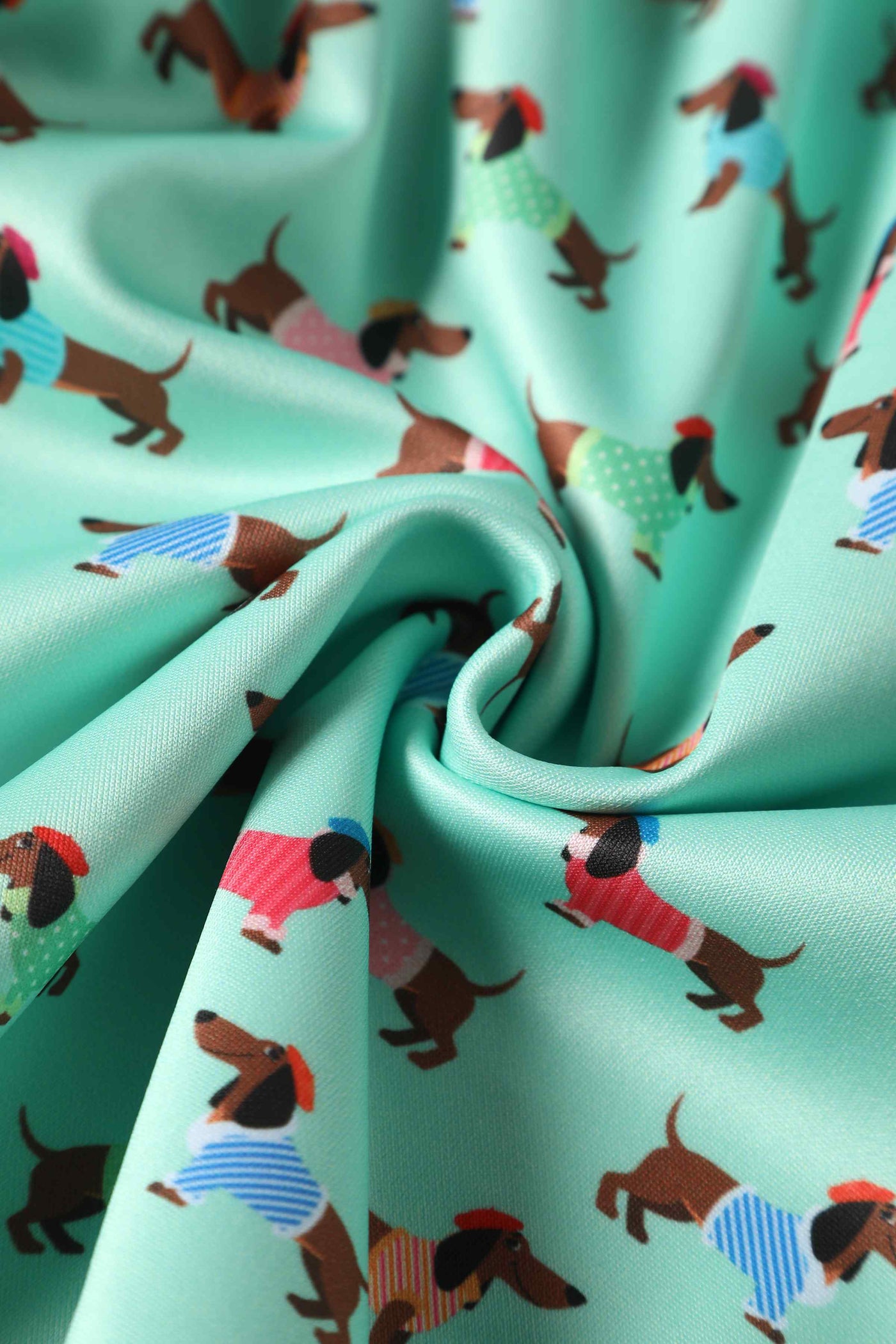 Close up View of Picasso Sausage Dog Flared Dress in Mint