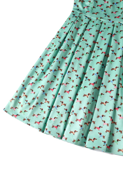 Close up View of Picasso Sausage Dog Flared Dress in Mint