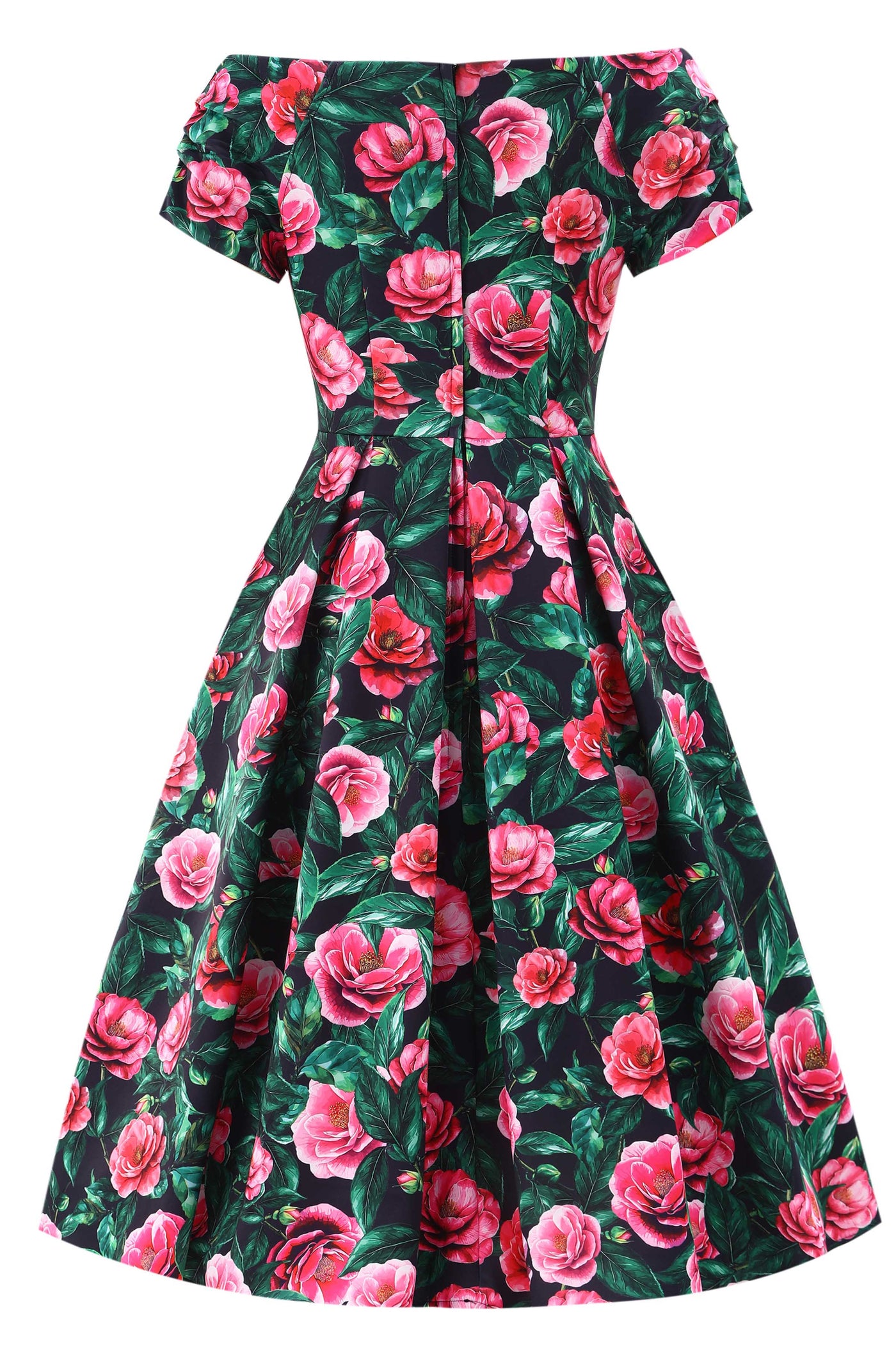 Back view of Lily Pink Camellia Off Shoulder Dress In Black