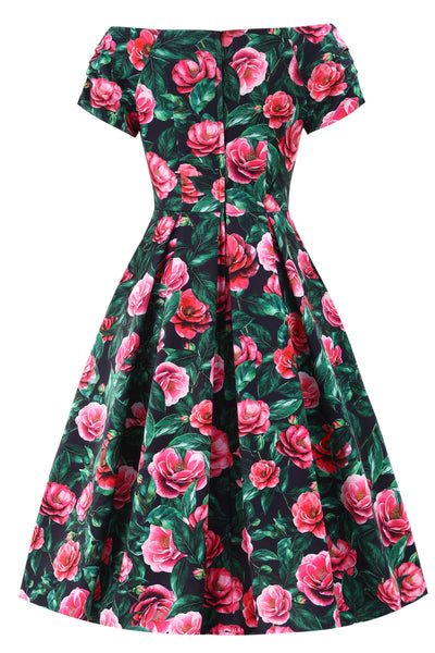 Back view of Lily Pink Camellia Off Shoulder Dress In Black