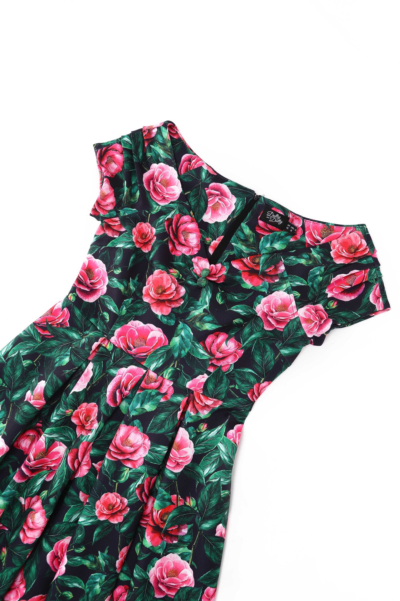 Close up view of Lily Pink Camellia Off Shoulder Dress In Black