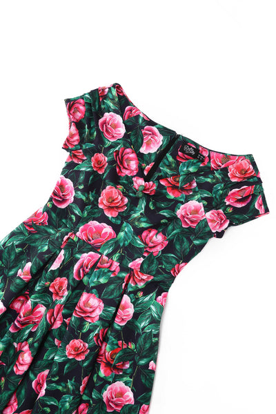 Close up view of Lily Pink Camellia Off Shoulder Dress In Black