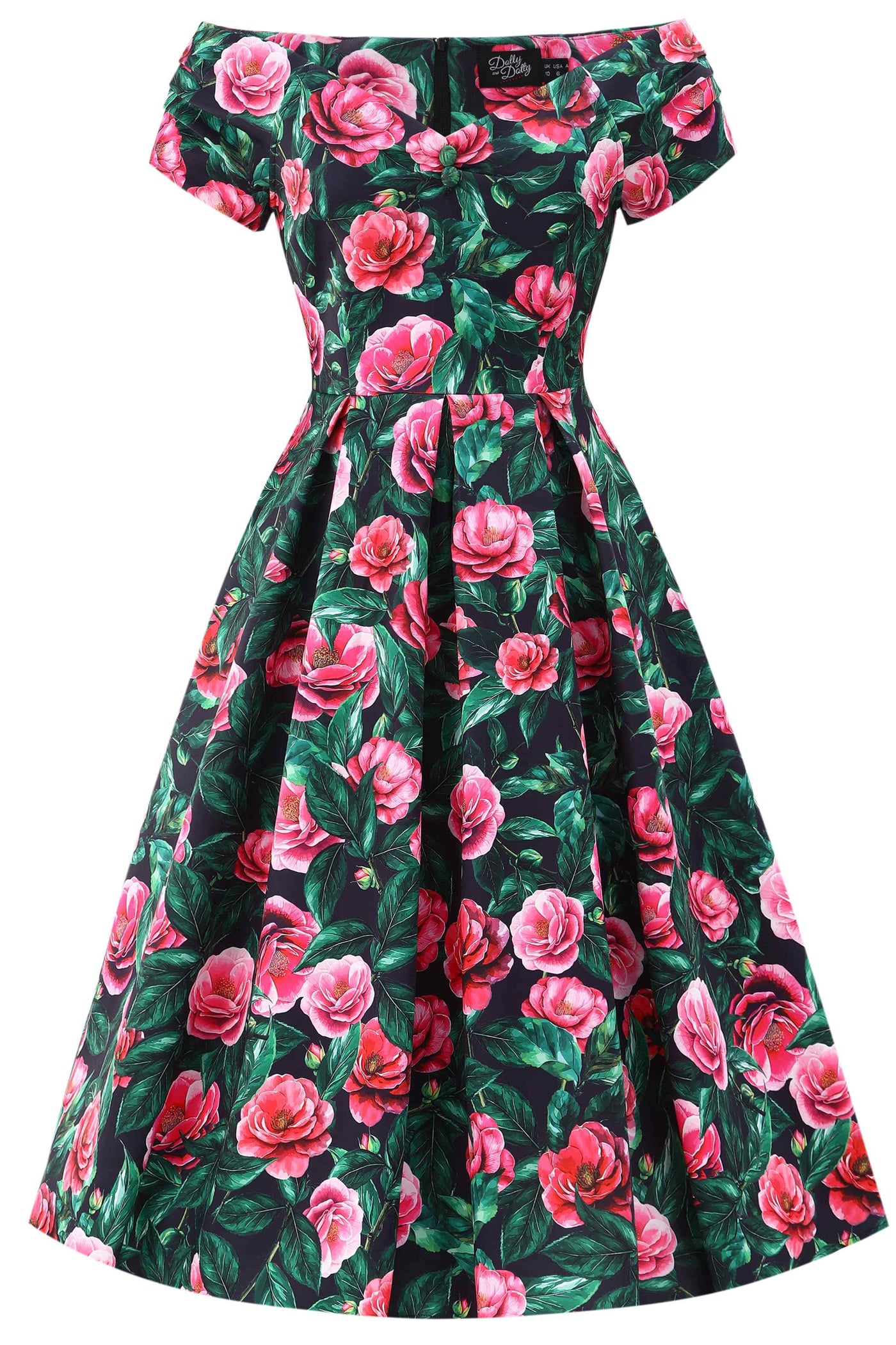 Front view of Lily Pink Camellia Off Shoulder Dress In Black
