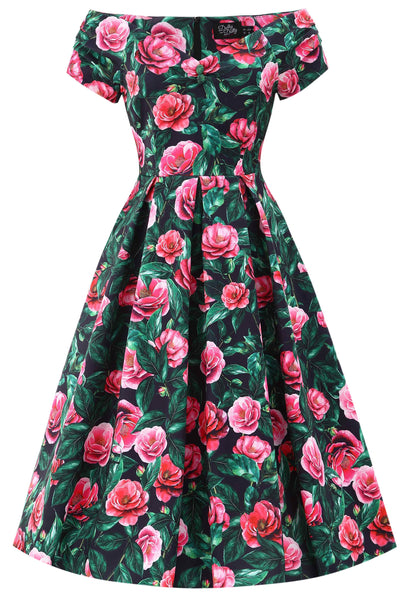 Front view of Lily Pink Camellia Off Shoulder Dress In Black