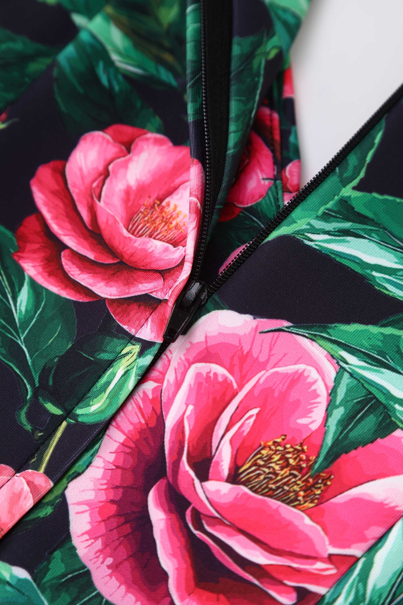 Close up view of Lily Pink Camellia Off Shoulder Dress In Black