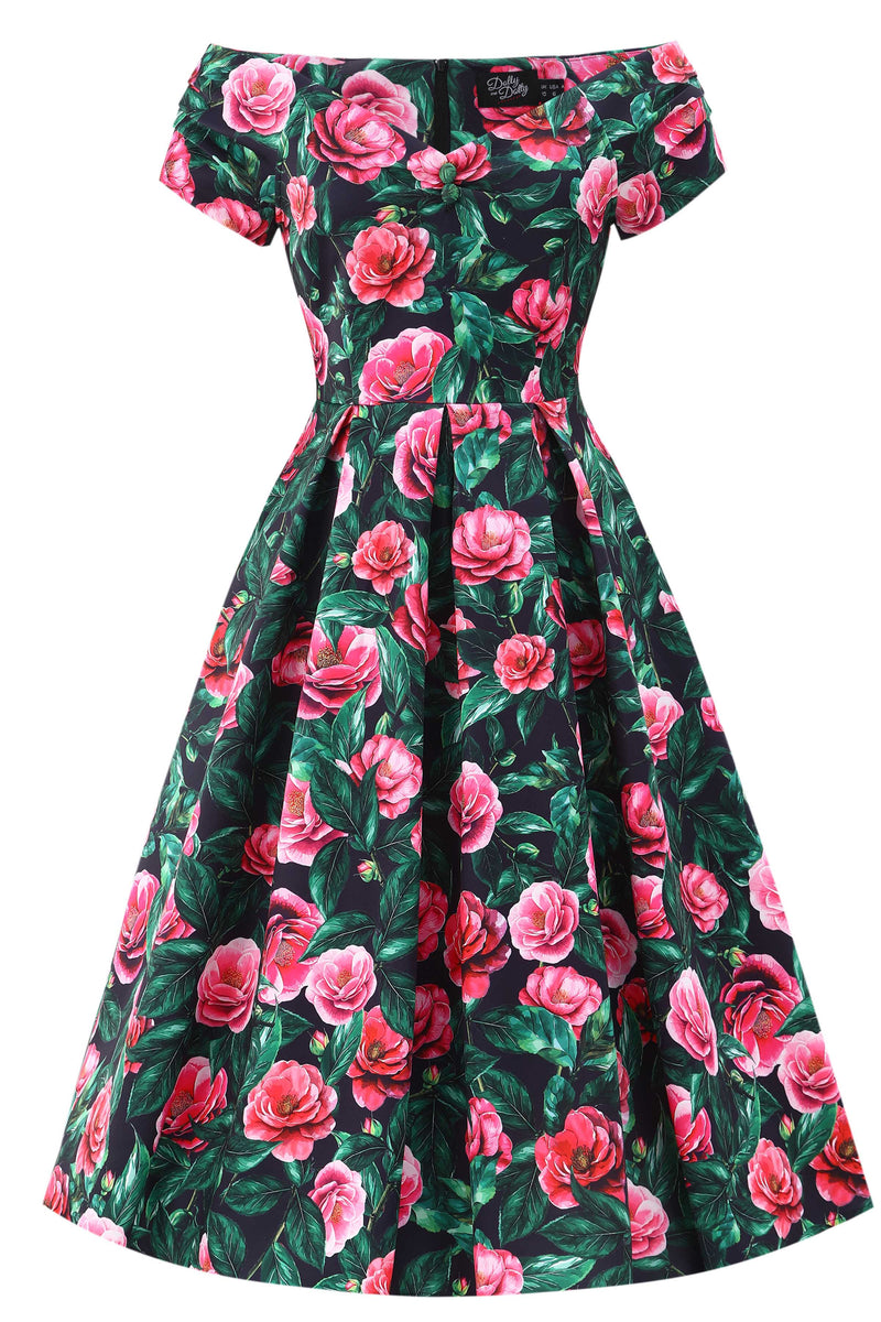 Front view of Lily Pink Camellia Off Shoulder Dress In Black