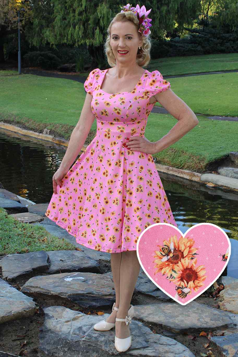 Claudia Pink Cap Sleeved Dress with Sunflowers Bees 8