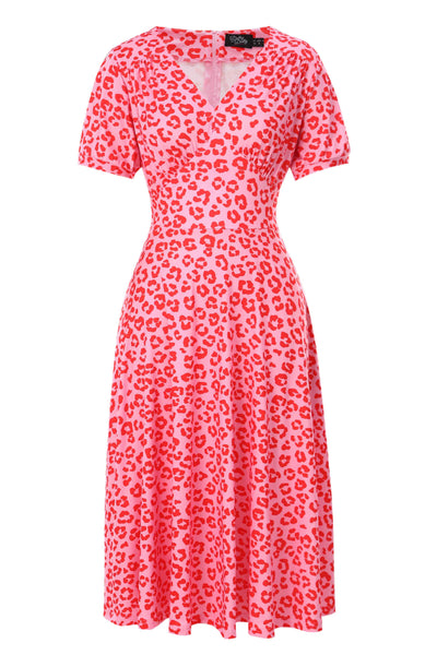 Front view of Julia Pink Cheetah Print Midi Dress