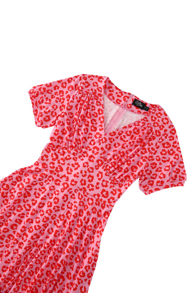 Front view of the top of Julia Pink Cheetah Print Midi Dress