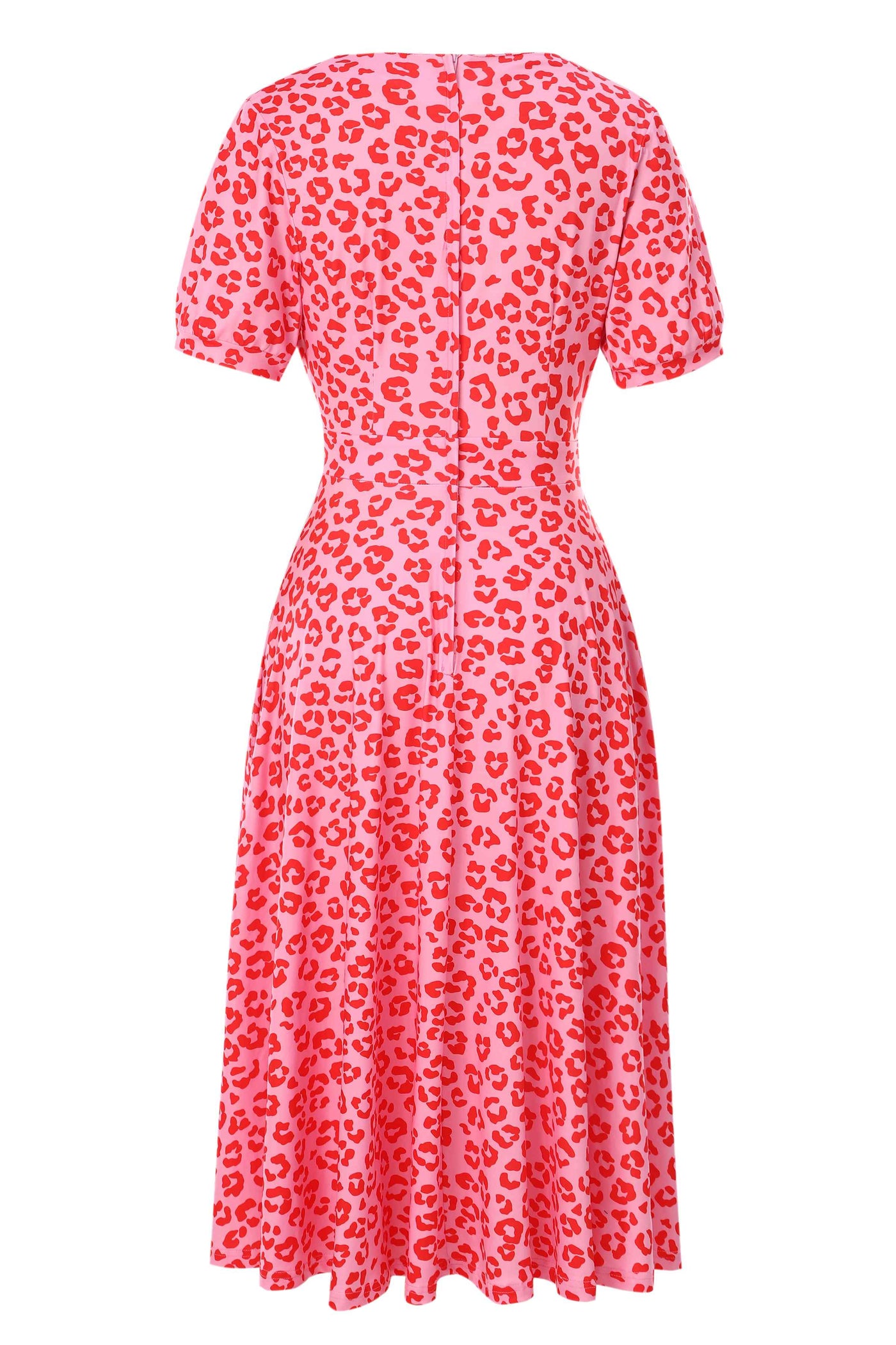 Back view of Julia Pink Cheetah Print Midi Dress