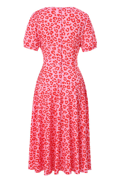 Back view of Julia Pink Cheetah Print Midi Dress
