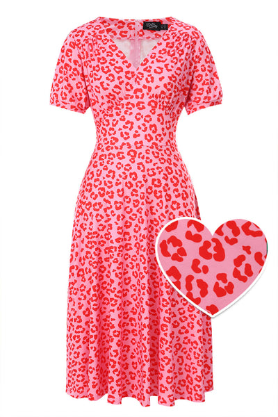 Front view of Julia Pink Cheetah Print Midi Dress