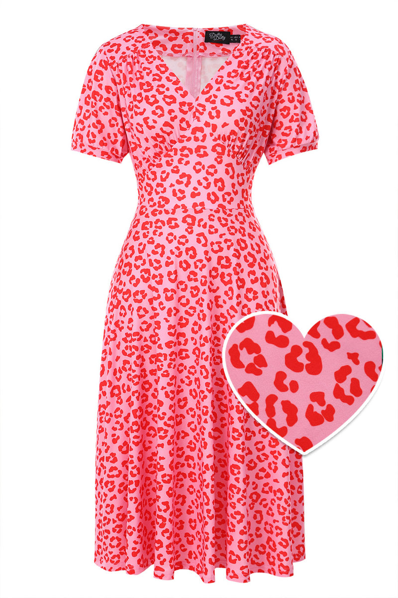 Front view of Julia Pink Cheetah Print Midi Dress