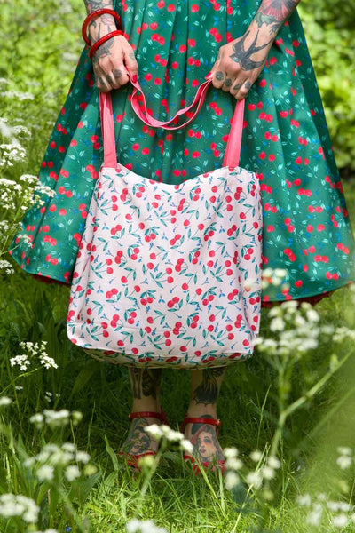 Pink Cherry Print Shopping Tote Bag