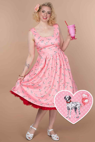 A model wearing a Pink Dalmatian Flared Dress