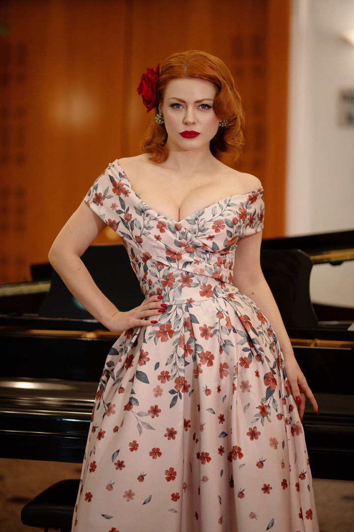 Vintage Inspired Pink Falling Flower Formal Dress