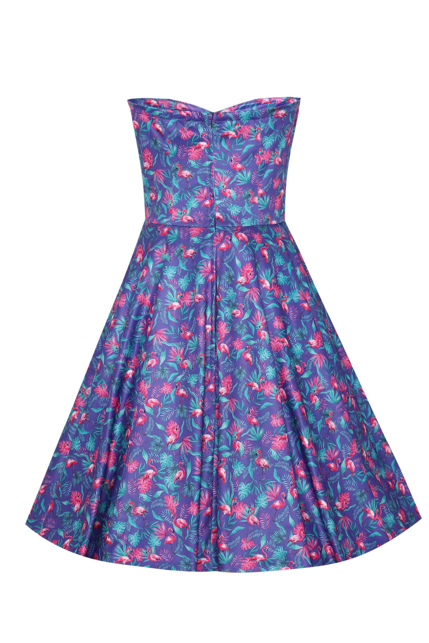 Back view of Pink Flamingo Strapless Dress in Purple