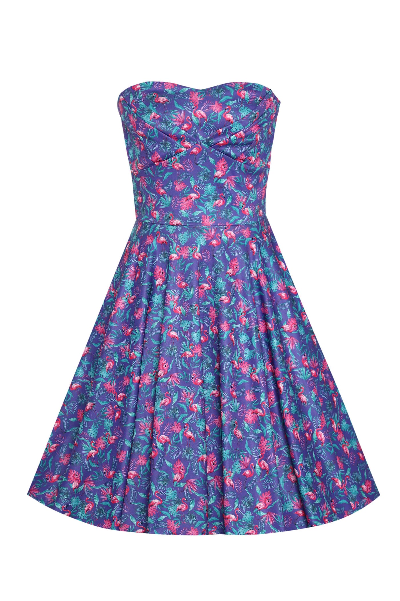 Front view of Pink Flamingo Strapless Dress in Purple