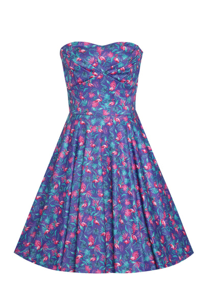Front view of Pink Flamingo Strapless Dress in Purple