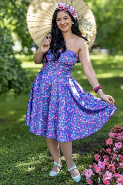 Front view of Pink Flamingo Strapless Dress in Purple