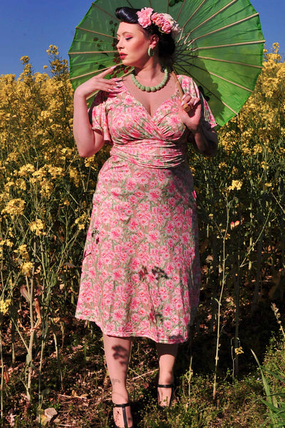 Pink Floral Crossover Bust Dress