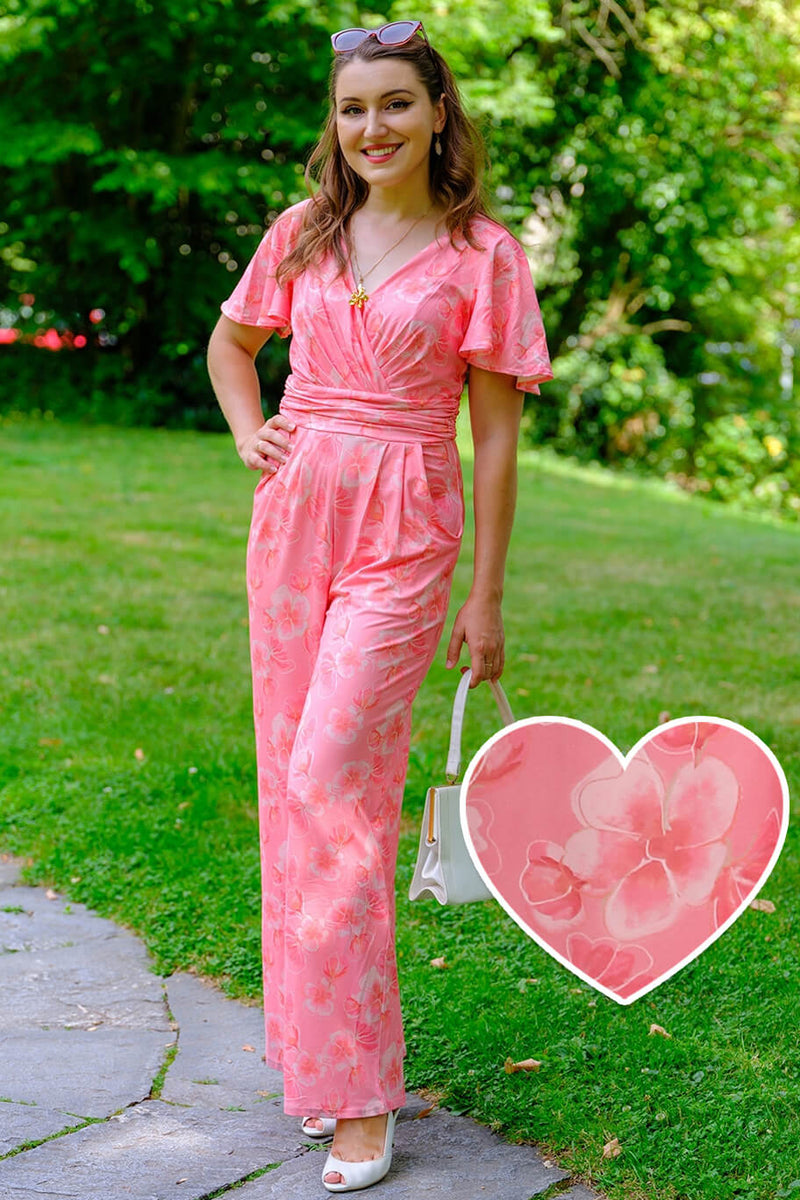 A model wearing an Esther Pink Floral Jumpsuit