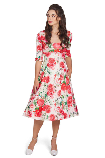Model photo of Pink Floral Mid Calf Dress