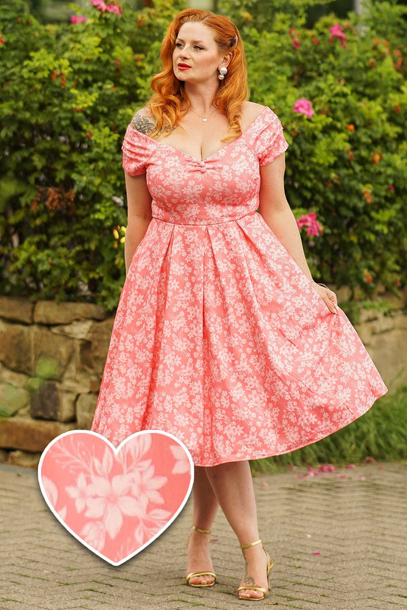 A model wearing a Pink Floral Off Shoulder Circle Dress