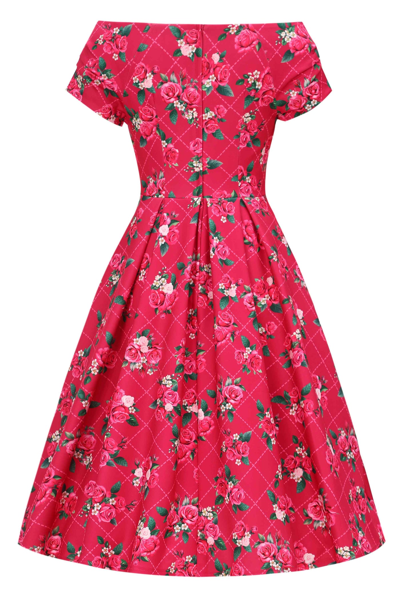 Back view of Pink Floral Vine Off Shoulder Dress