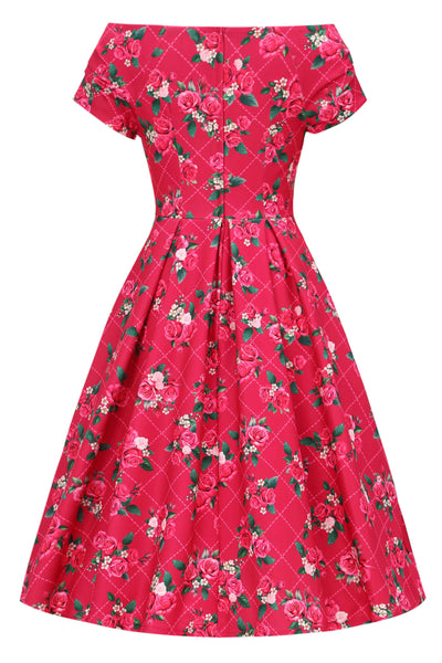 Back view of Pink Floral Vine Off Shoulder Dress