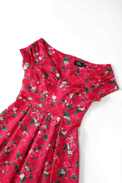 Close up view of Pink Floral Vine Off Shoulder Dress