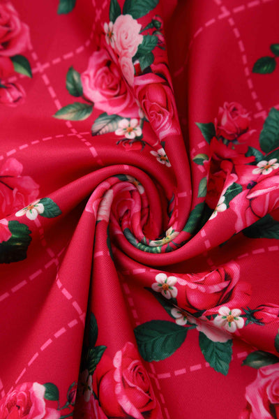 Close up view of Pink Floral Vine Off Shoulder Dress