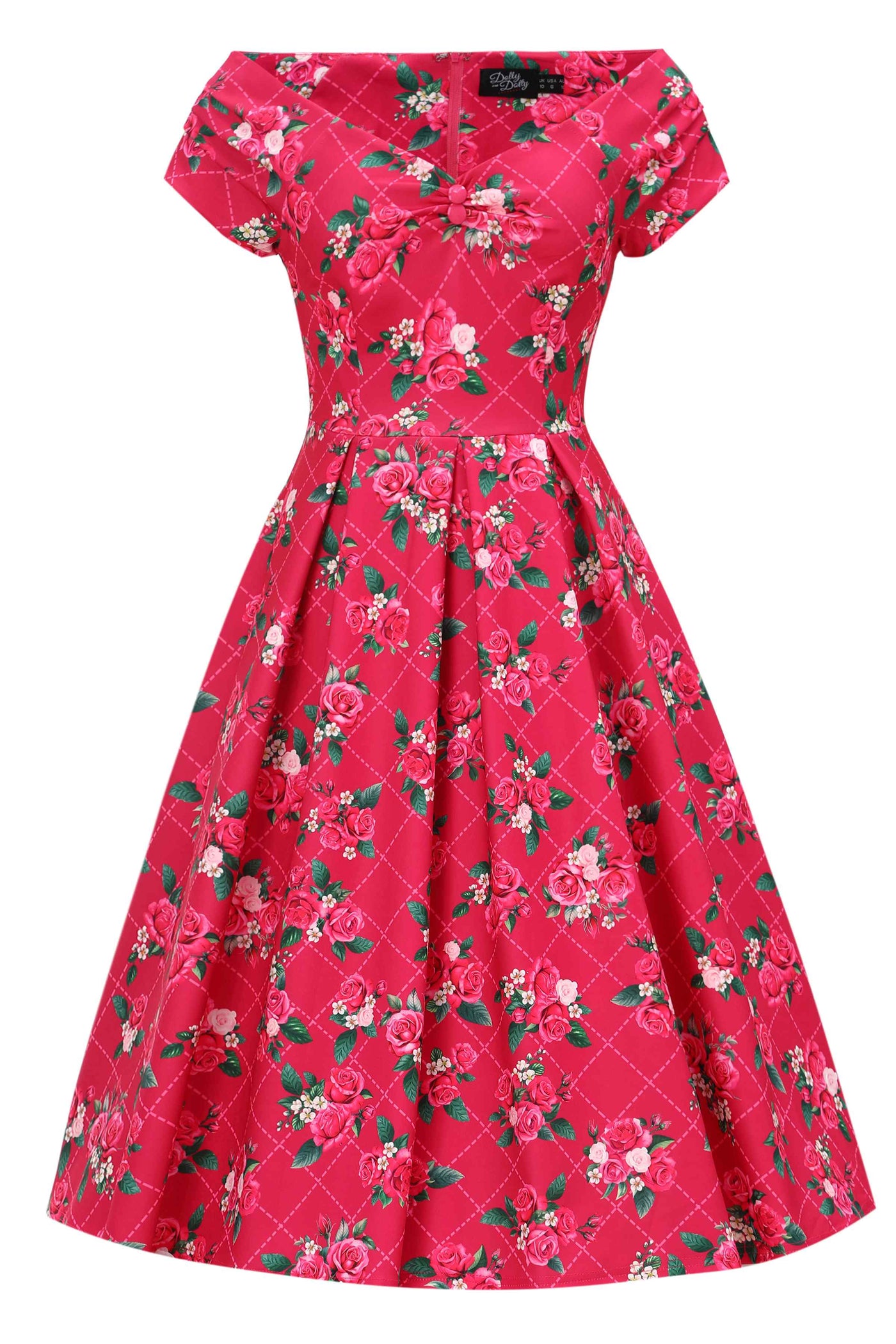 Front view of Pink Floral Vine Off Shoulder Dress