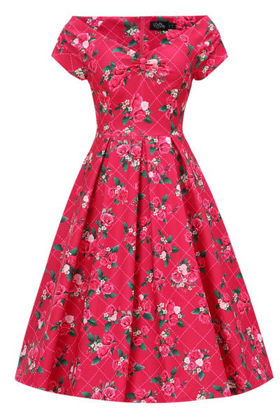 Front view of Pink Floral Vine Off Shoulder Dress
