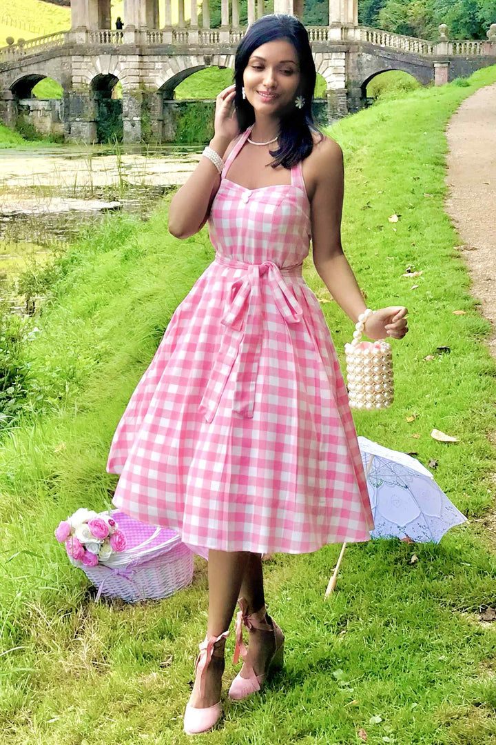 Sophia Rockabilly Halterneck Pink Gingham Swing Dress Sophia Rockabilly Halterneck Pink Gingham Swing Dress