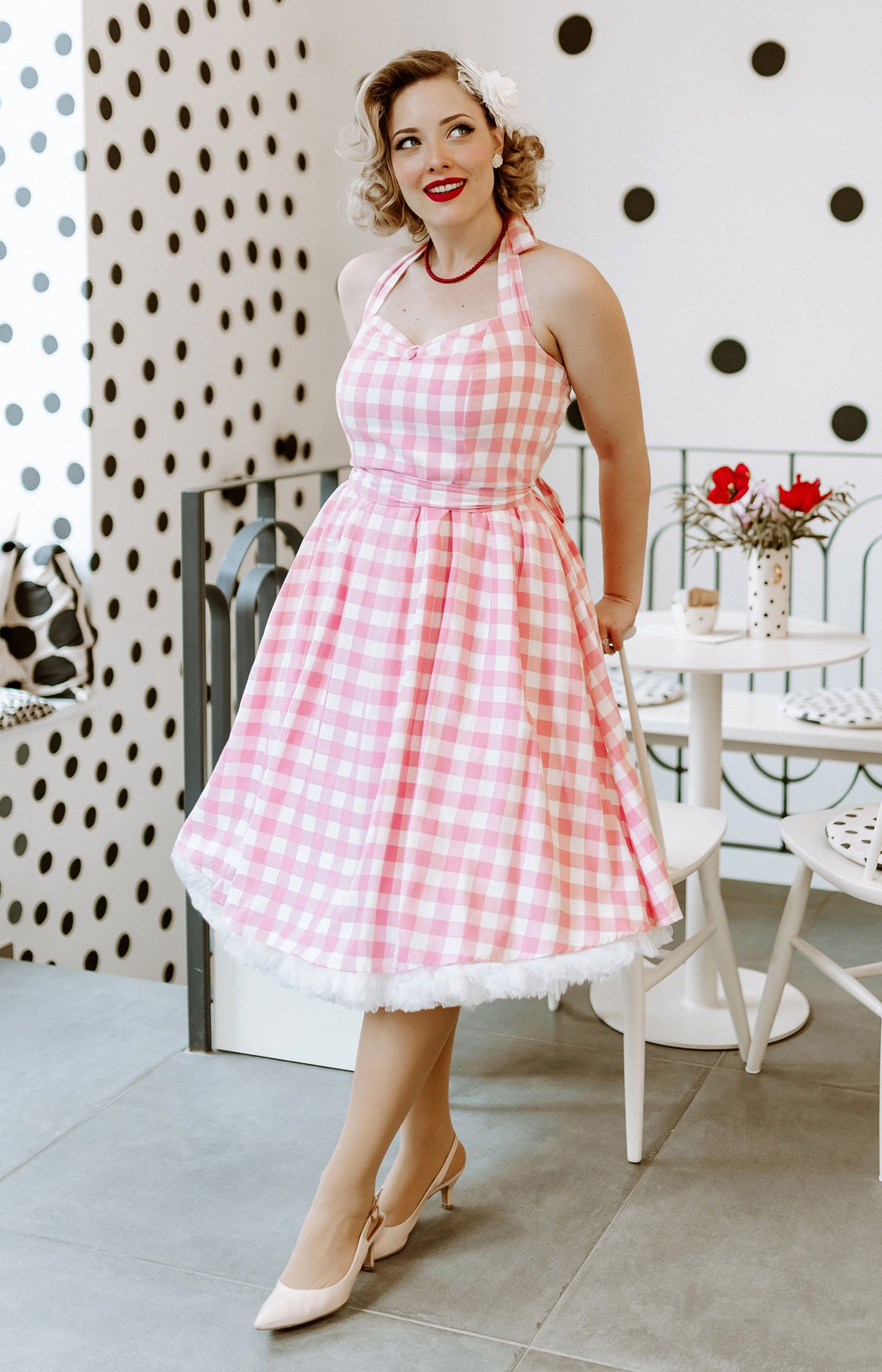 Sophia Rockabilly Halterneck Pink Gingham Swing Dress