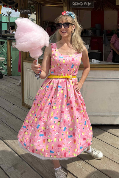 A model in Amanda Pink Ice Lolly Swing Dress
