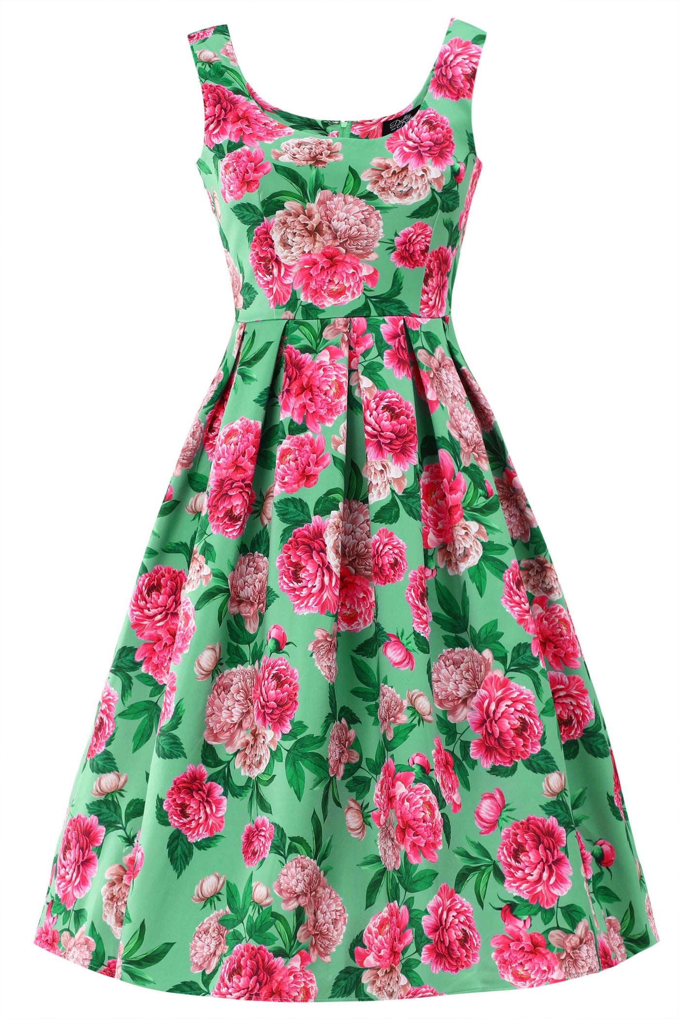 Front view of Amanda Pink Peony Flared Dress In Mint Green