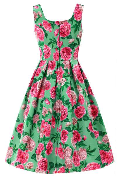 Back view of Amanda Pink Peony Flared Dress In Mint Green